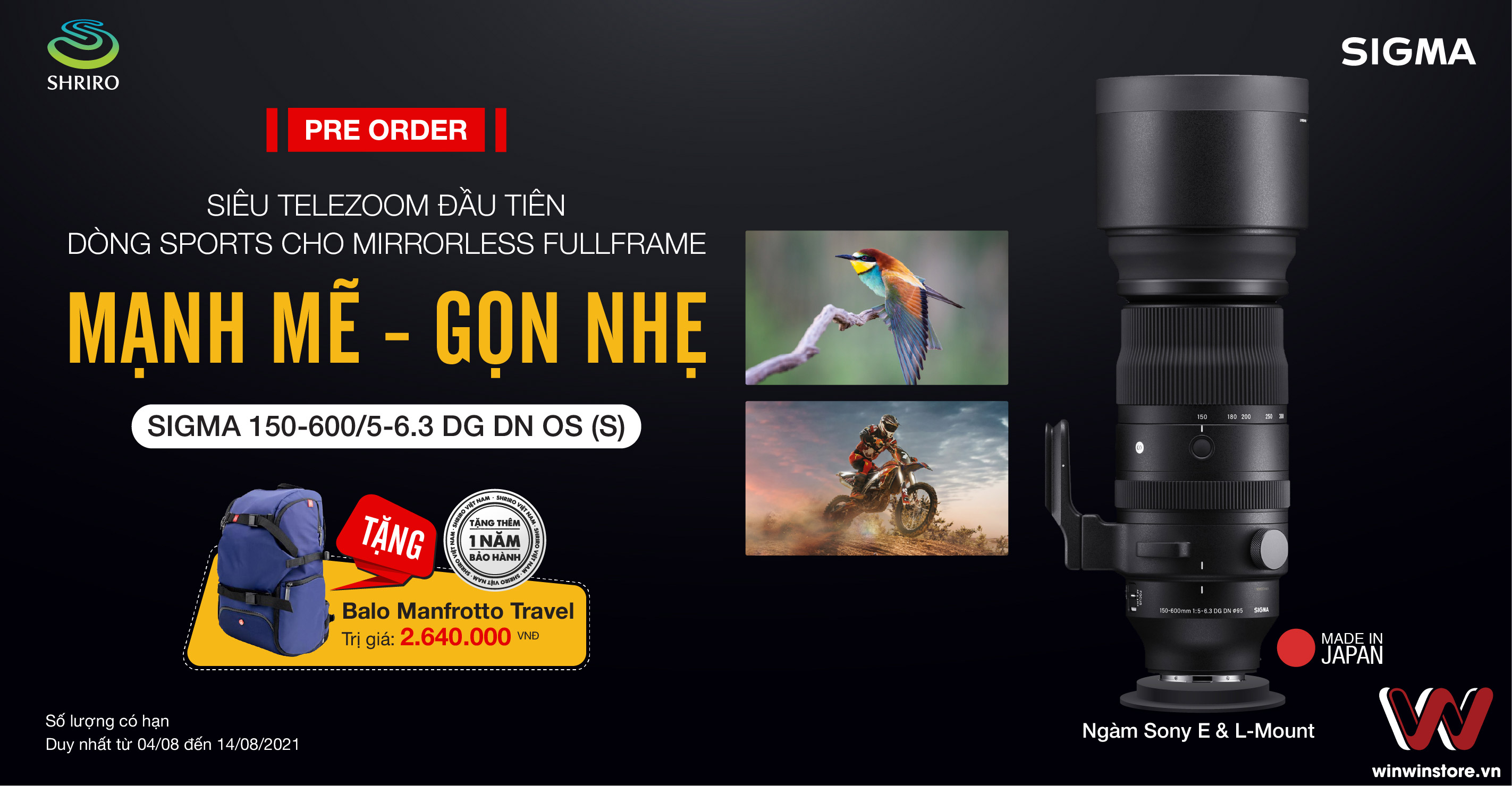 Đặt trước ống kính Sigma 150-600mm F5-6.3 DG DN OS Sports cho Sony E